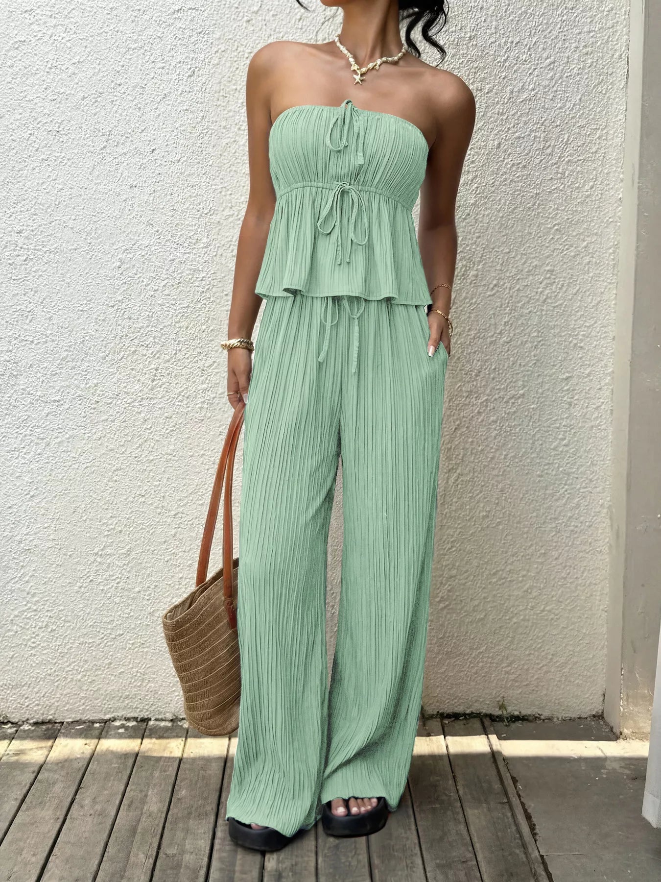 Gum leaf strapless tube top and wide-leg pants set with tiered ruffles and drawstring waist