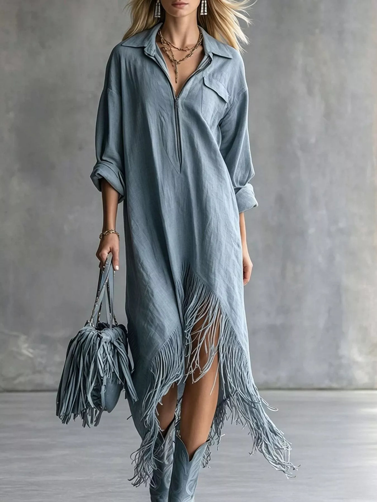Dusty blue midi dress with front zipper and tassel fringe hem