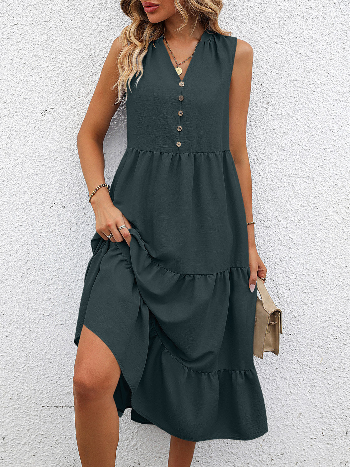 V-neck sleeveless tiered dress, dark green, front buttons and gathered tiered skirt