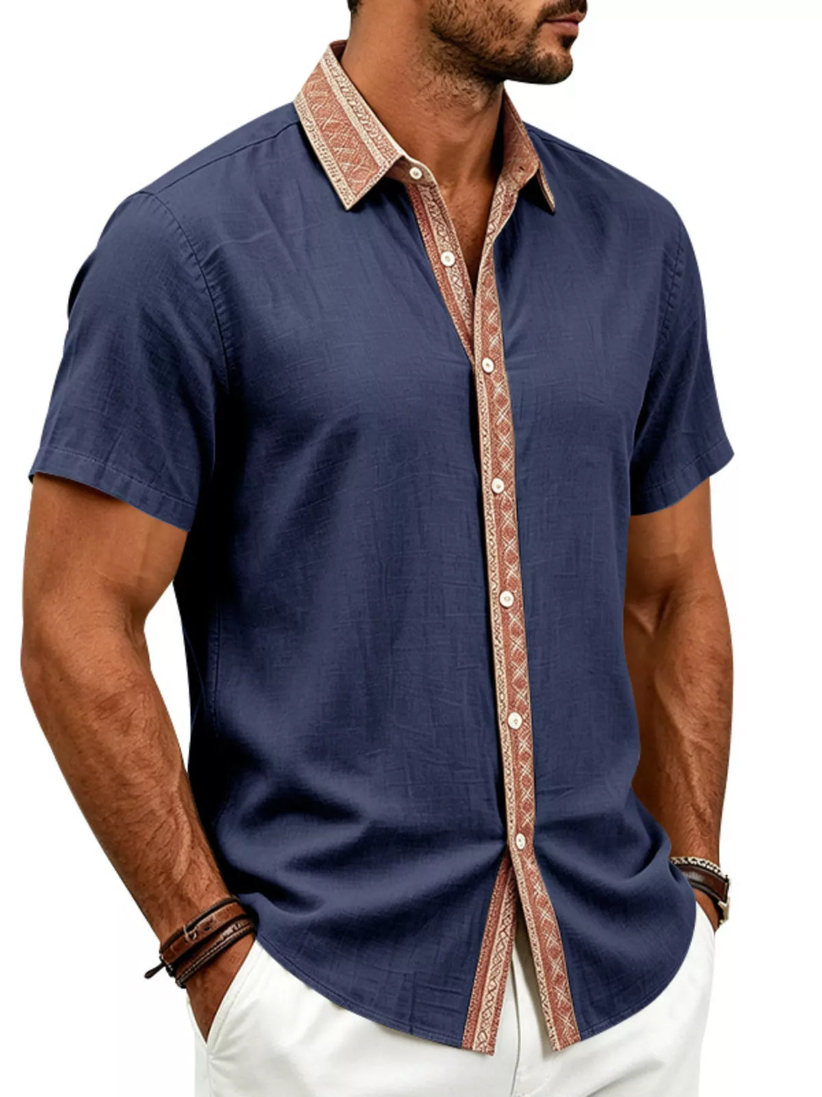 Navy blue men’s short sleeve cotton stretch shirt, patterned center placket detail