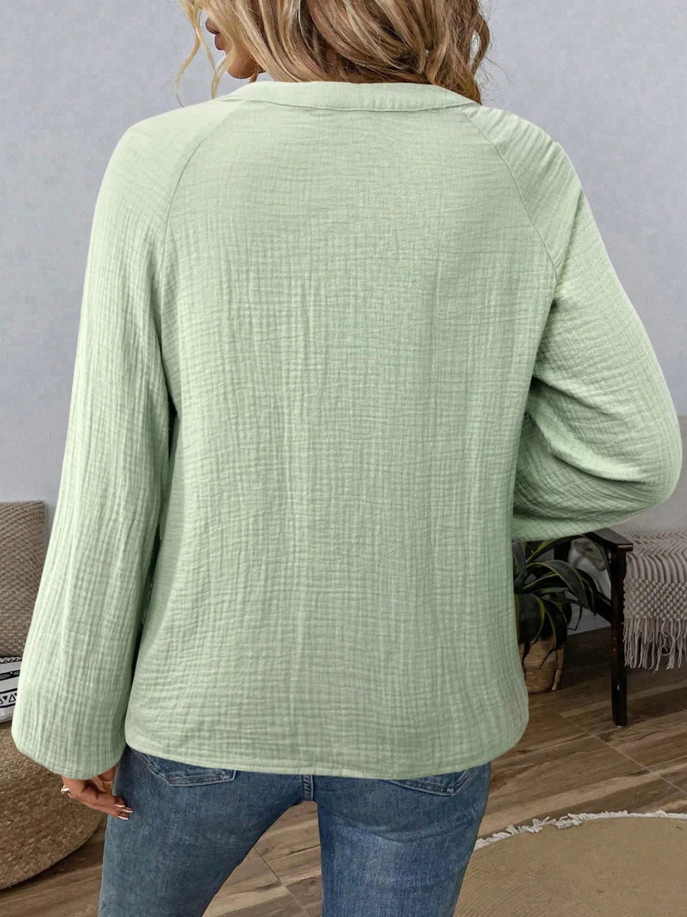 Matcha green long sleeve blouse, back view, plain textured weave
