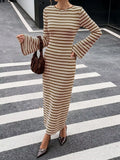 Brown striped ribbed knit flare-sleeve dress, fitted midi length with round neckline