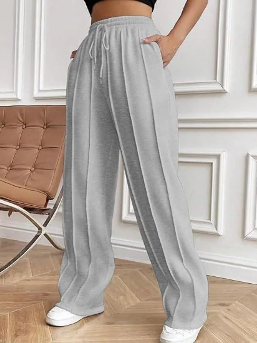 Gray wide-leg drawstring pants with pockets, back view