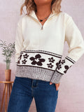 White zip-collar long-sleeve sweater with floral knit band and striped cuffs