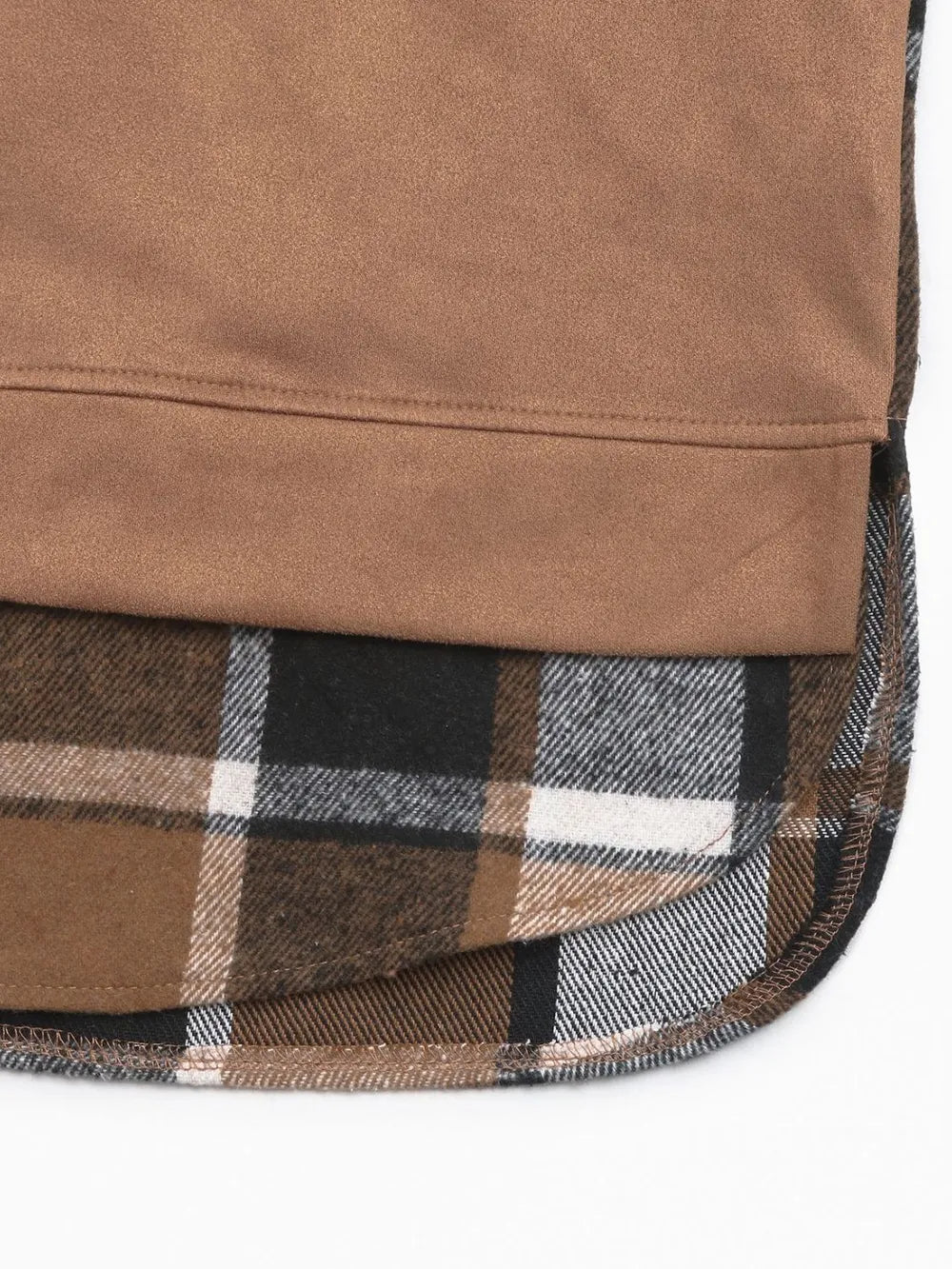 Camel hoodie hem with plaid trim and stitched seam below front pocket