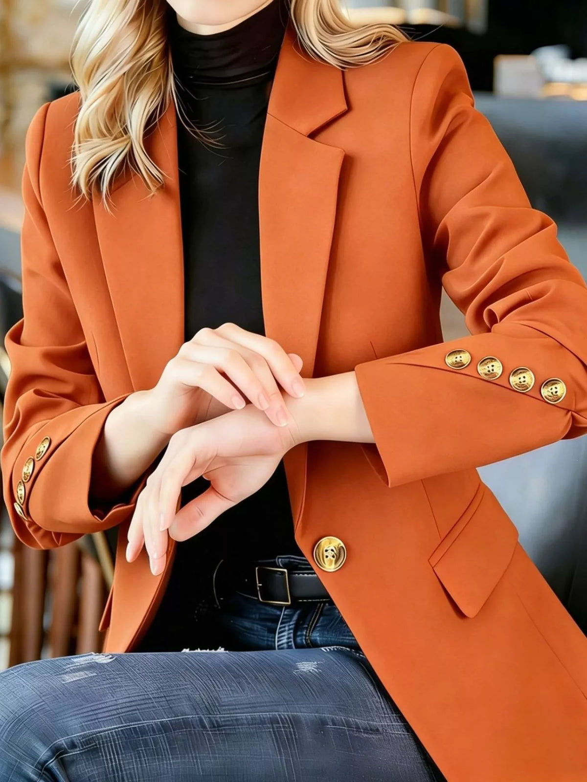 One-button lapel blazer in orange with gold buttons and long sleeves