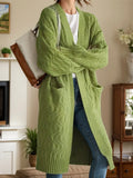 Open-front long sleeve cardigan, textured green cable-knit with long hem