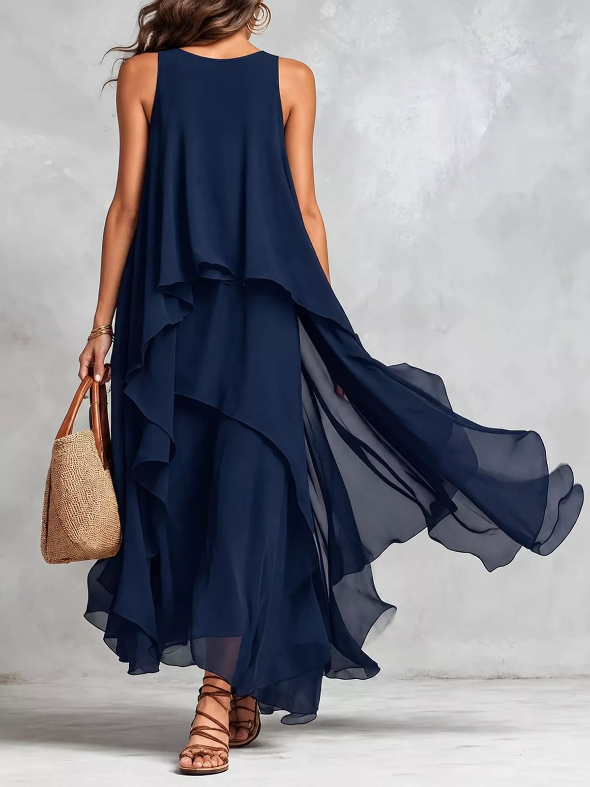 Navy sleeveless round-neck maxi dress with tiered ruffle layers, back view