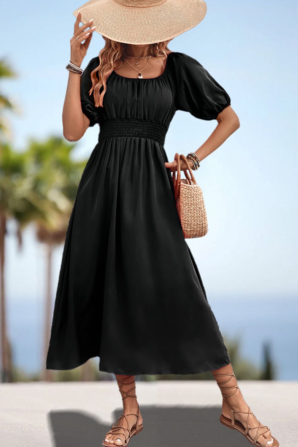 Black square-neck smocked waist midi dress with puff sleeves, flowing full skirt