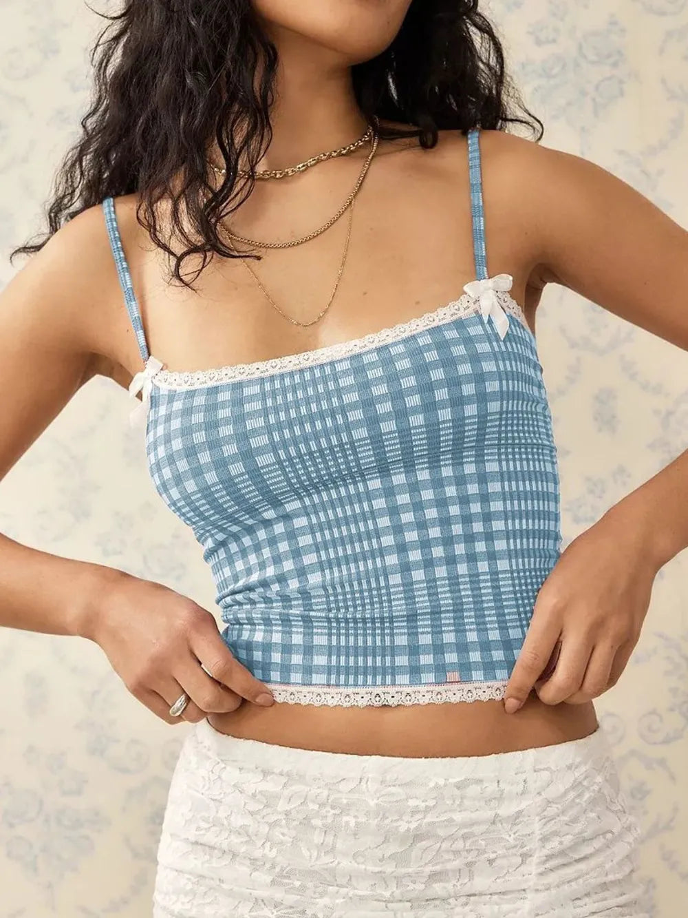 Square-neck lace-trim plaid cami, light blue gingham with spaghetti straps