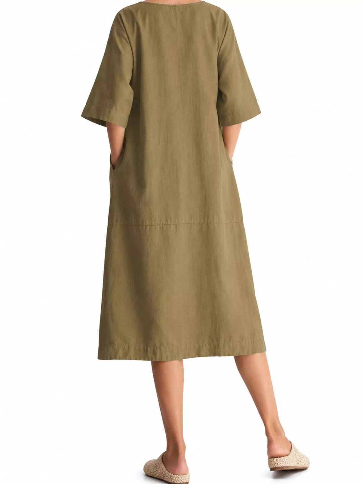 Back view of loose-fit khaki linen-blend midi dress with short sleeves and pockets