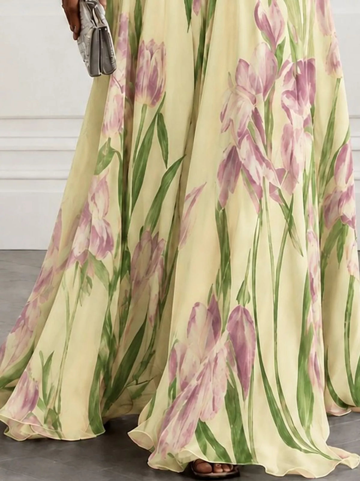Sleeveless floral ruched maxi dress, V-neck, pale yellow with pink tulips and green stem pattern