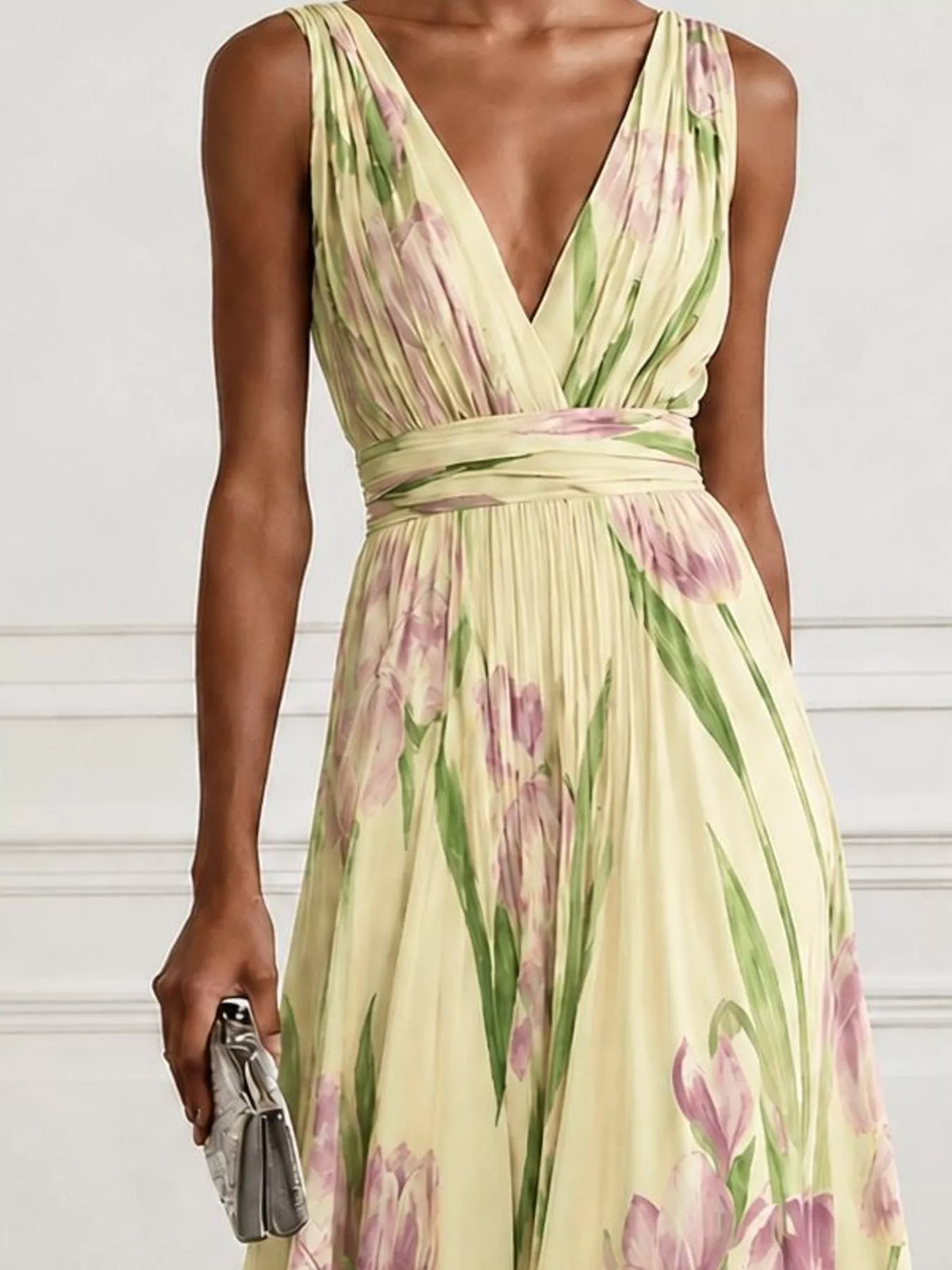 Sleeveless floral ruched maxi dress, V-neck, pale yellow with pink-purple blossoms and green stems