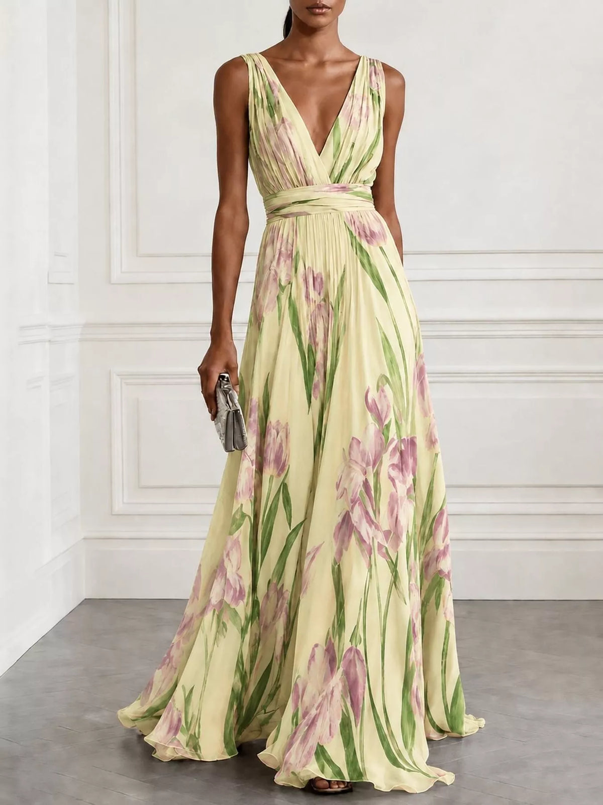 Sleeveless floral ruched maxi dress, V-neck, pale yellow with pink and green tulip print