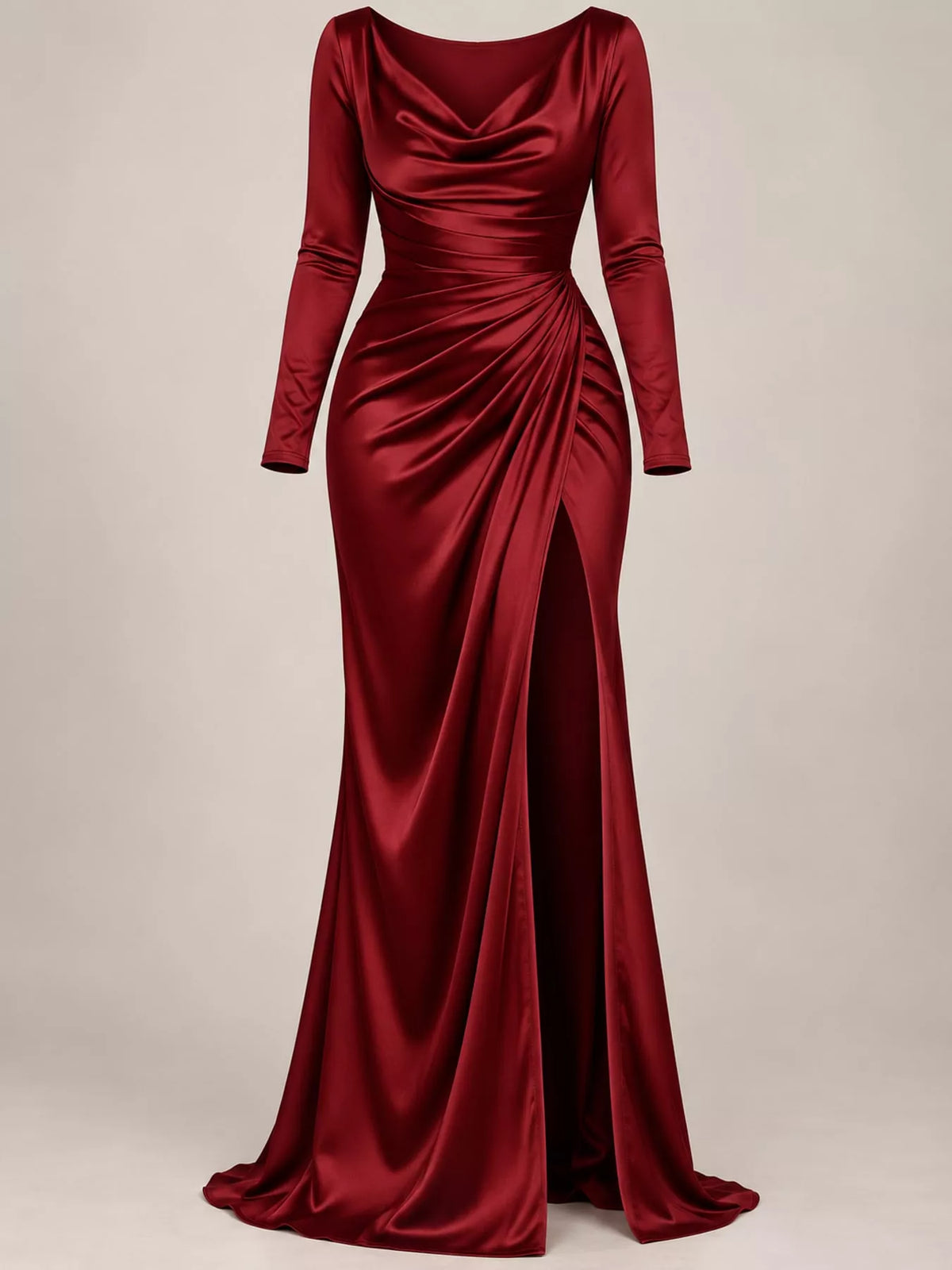 Burgundy satin cowl neck evening maxi dress with long sleeves and side slit