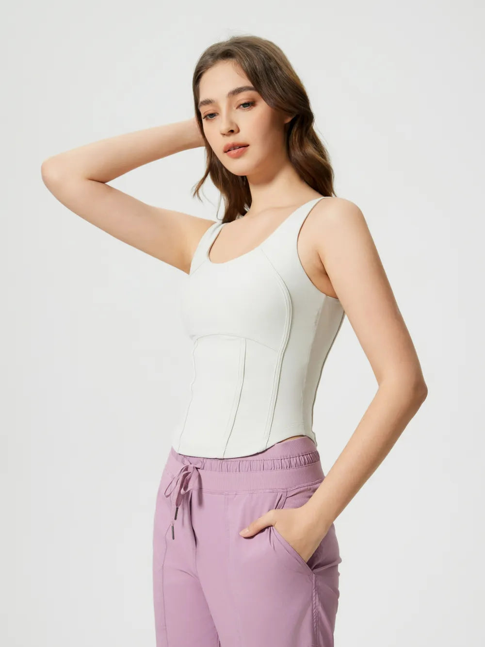 White active tank with wide straps and contoured stitched bust panels