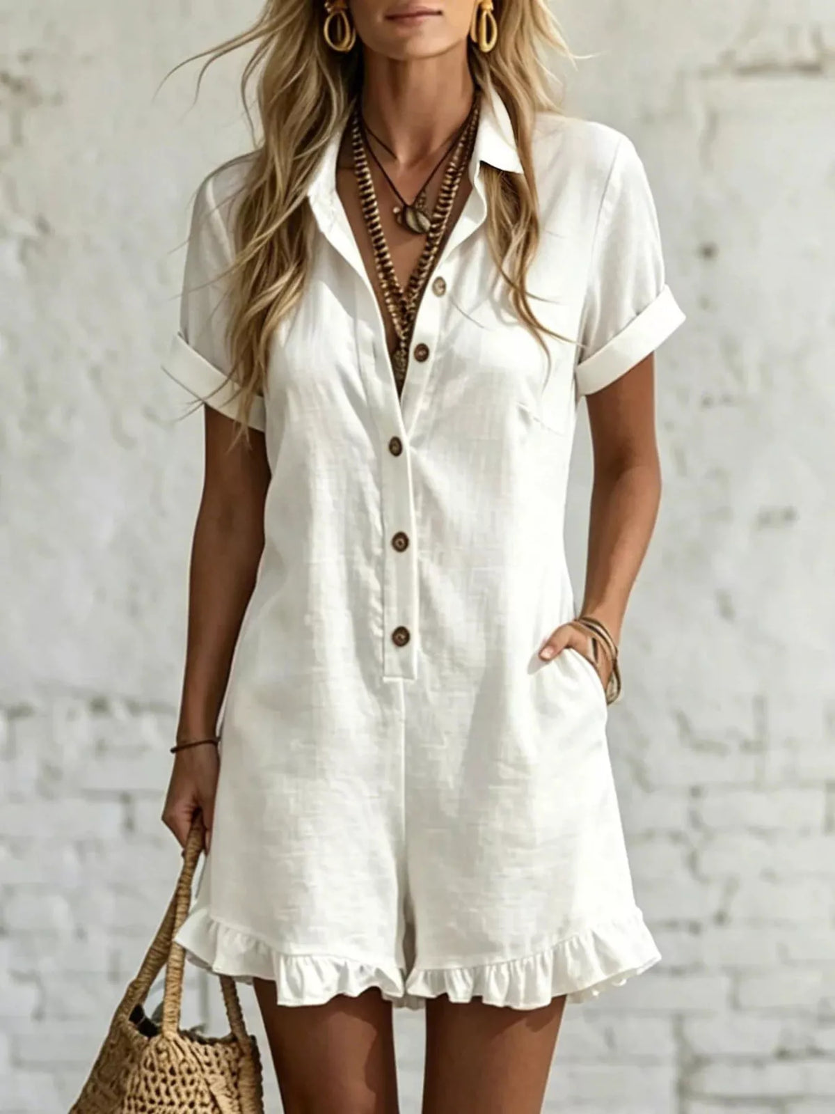 White button-front ruffled pocket romper with short sleeves