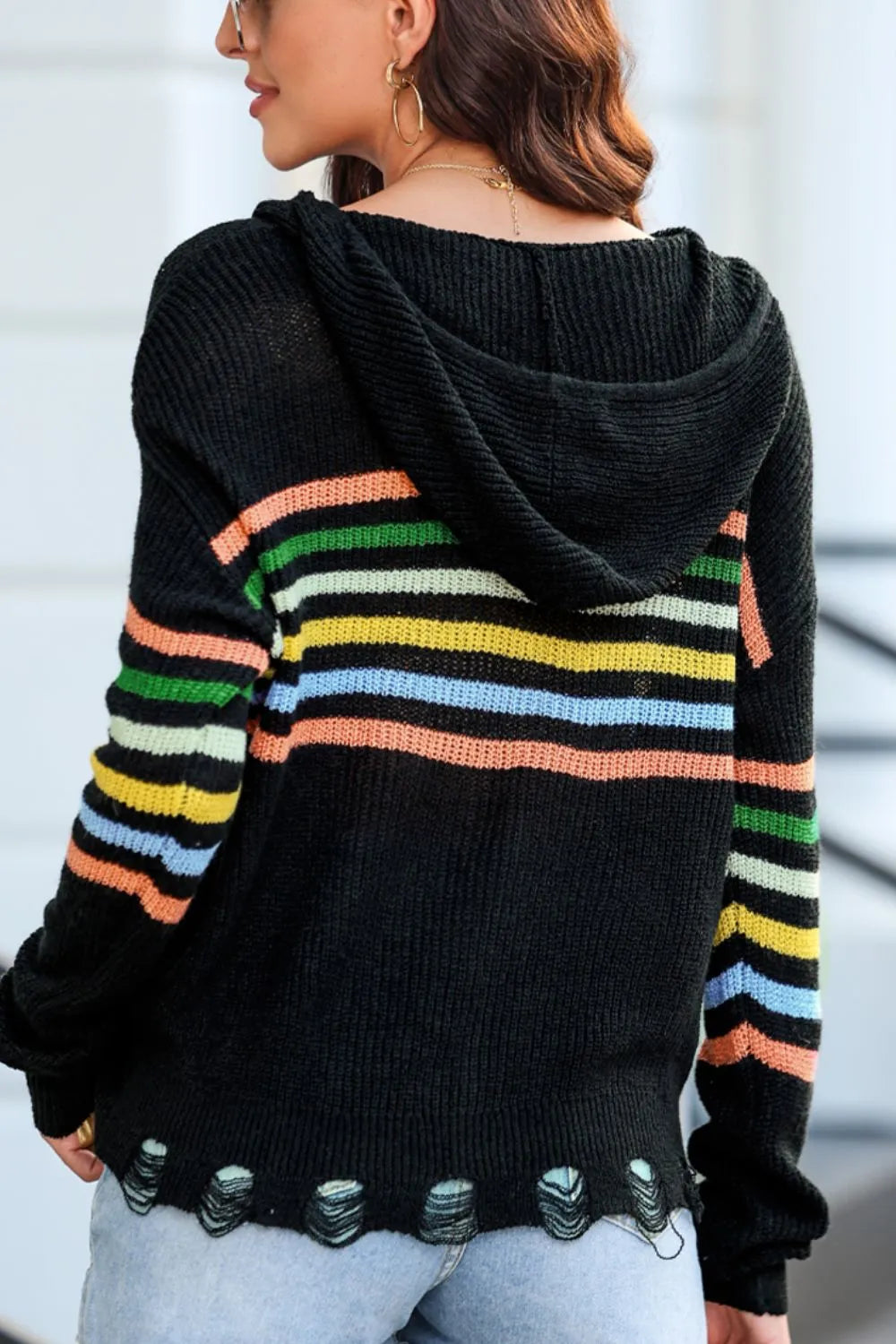 Black hooded zip-up sweater cardigan back view with rainbow striped shoulder yoke