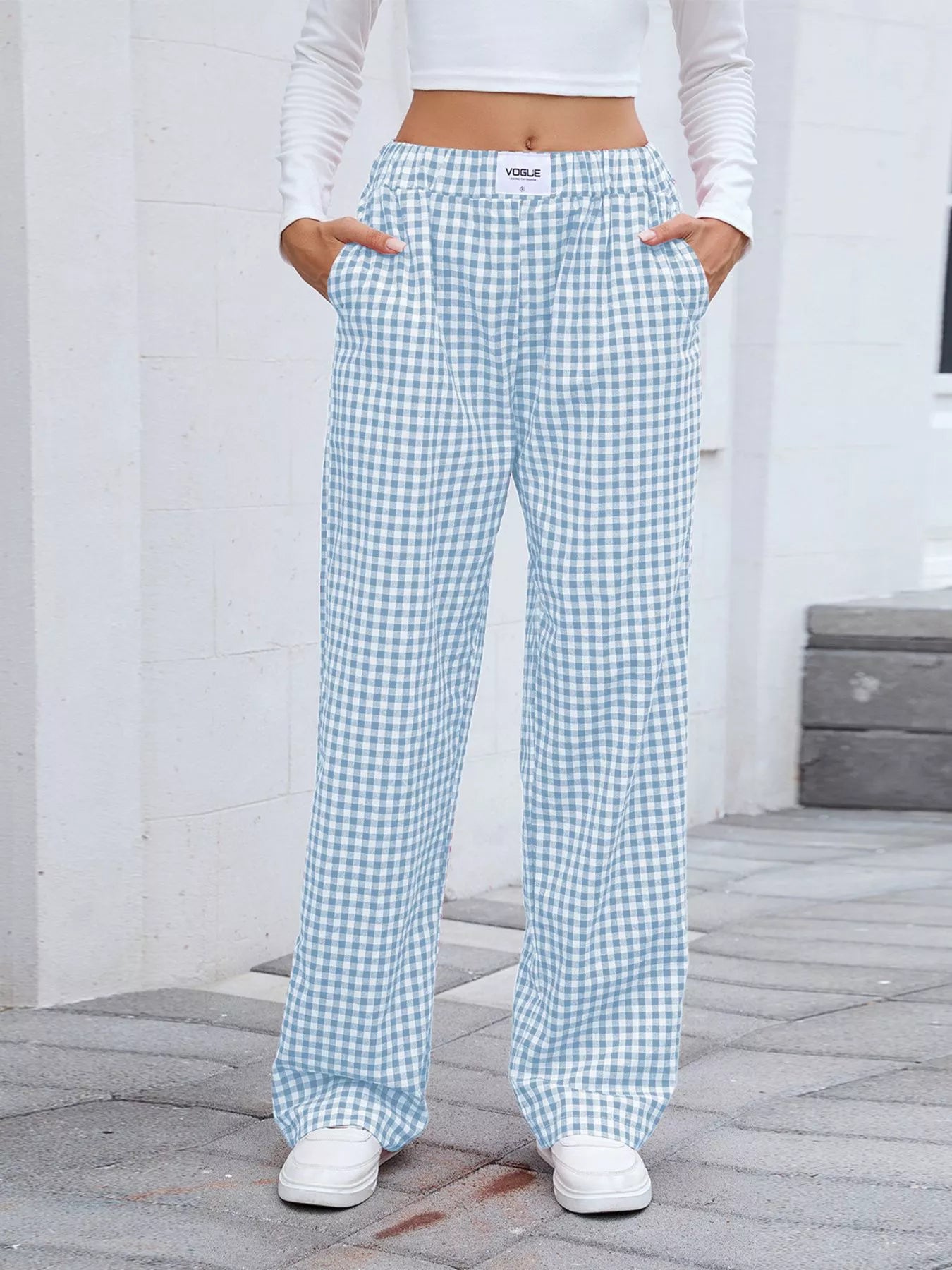 Light blue and white plaid wide-leg casual pants with elastic waistband