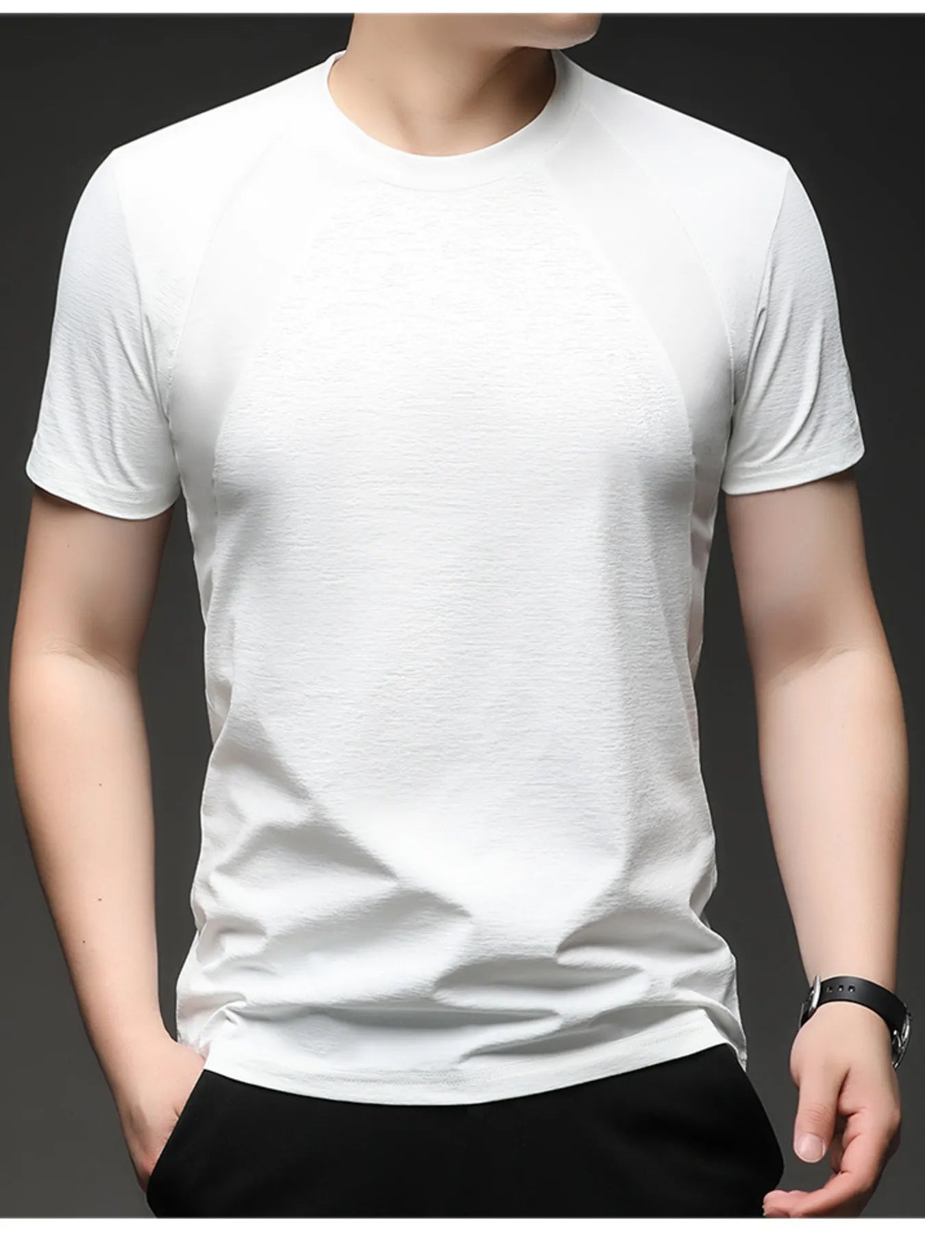 Men's plus size raglan crew-neck T-shirt in white, short sleeves, contrast seaming