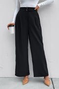 Black high-waist wide-leg pants with button waistband and pleated front