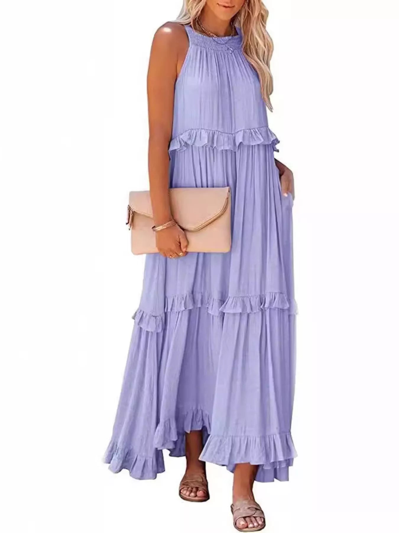 Light lavender ruffled tiered sleeveless maxi dress with ruffle-trim tiers and loose fit