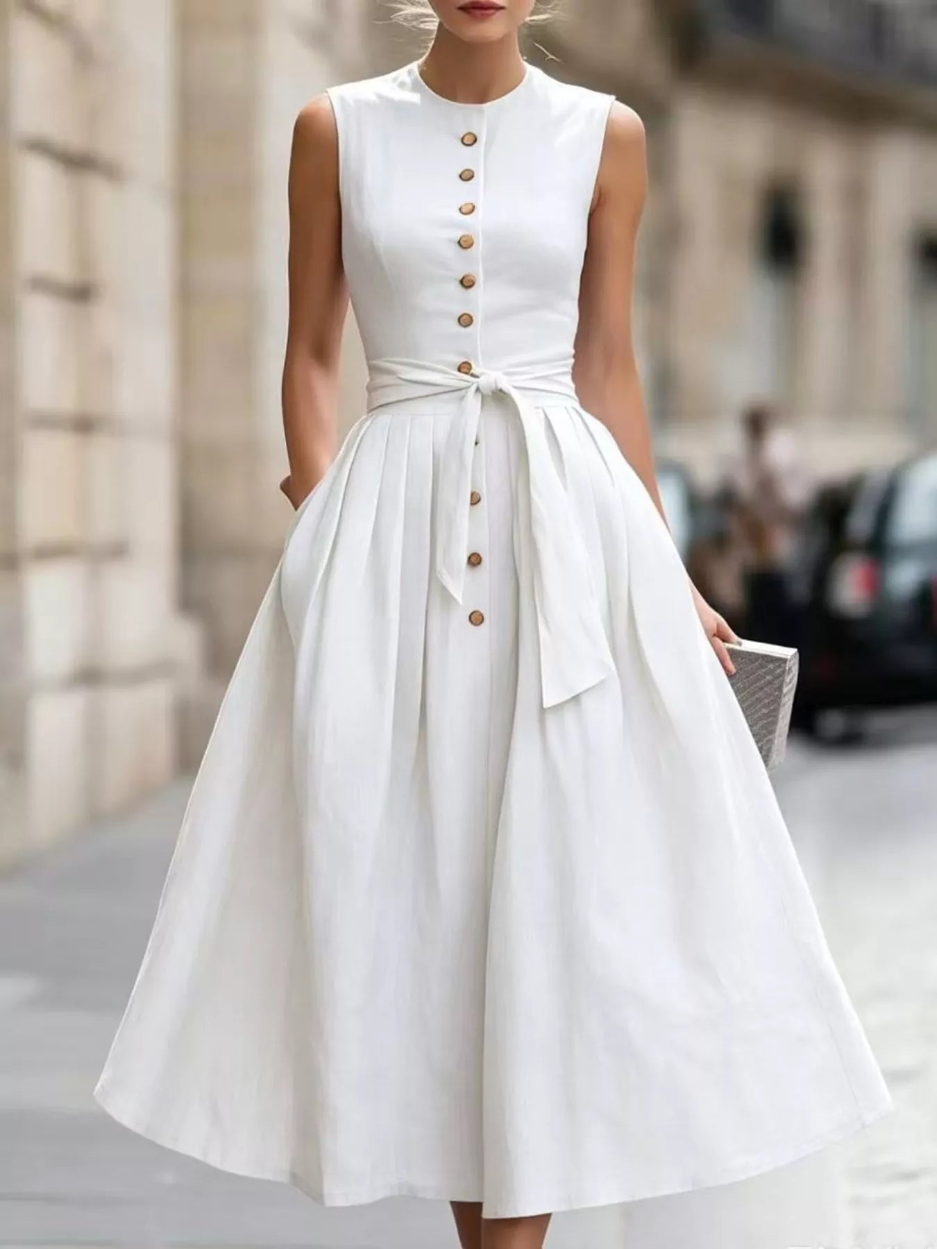 White sleeveless button-front belted midi dress with tied waist belt and full gathered skirt