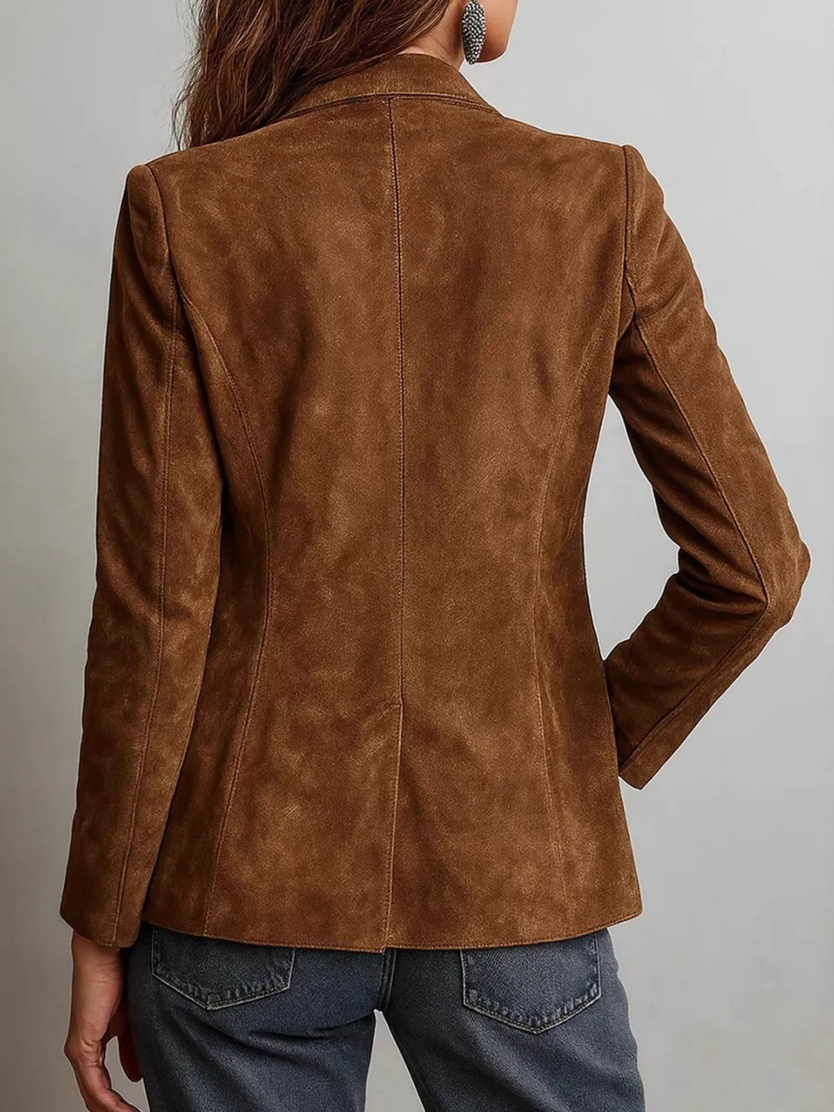 Brown suede long-sleeve blazer, center back seam, tailored fit