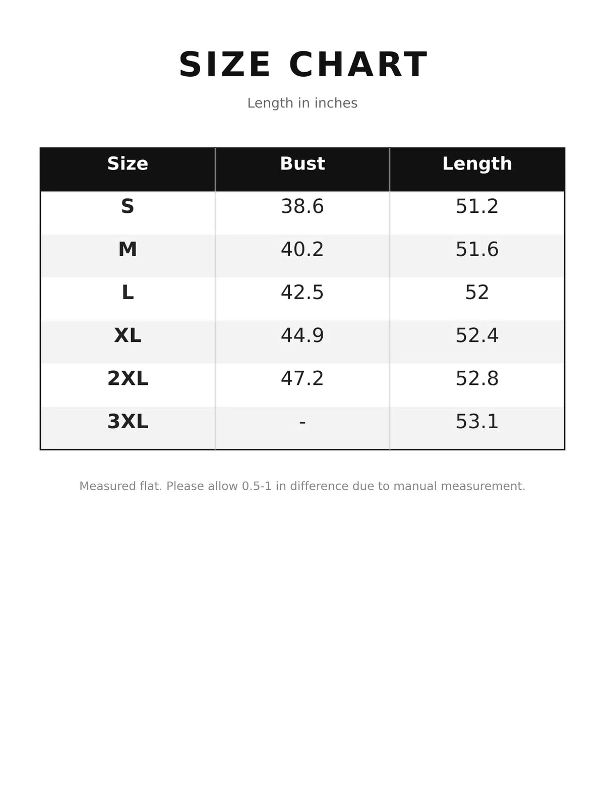 Size chart table with bust and length (in inches) for S to 3XL