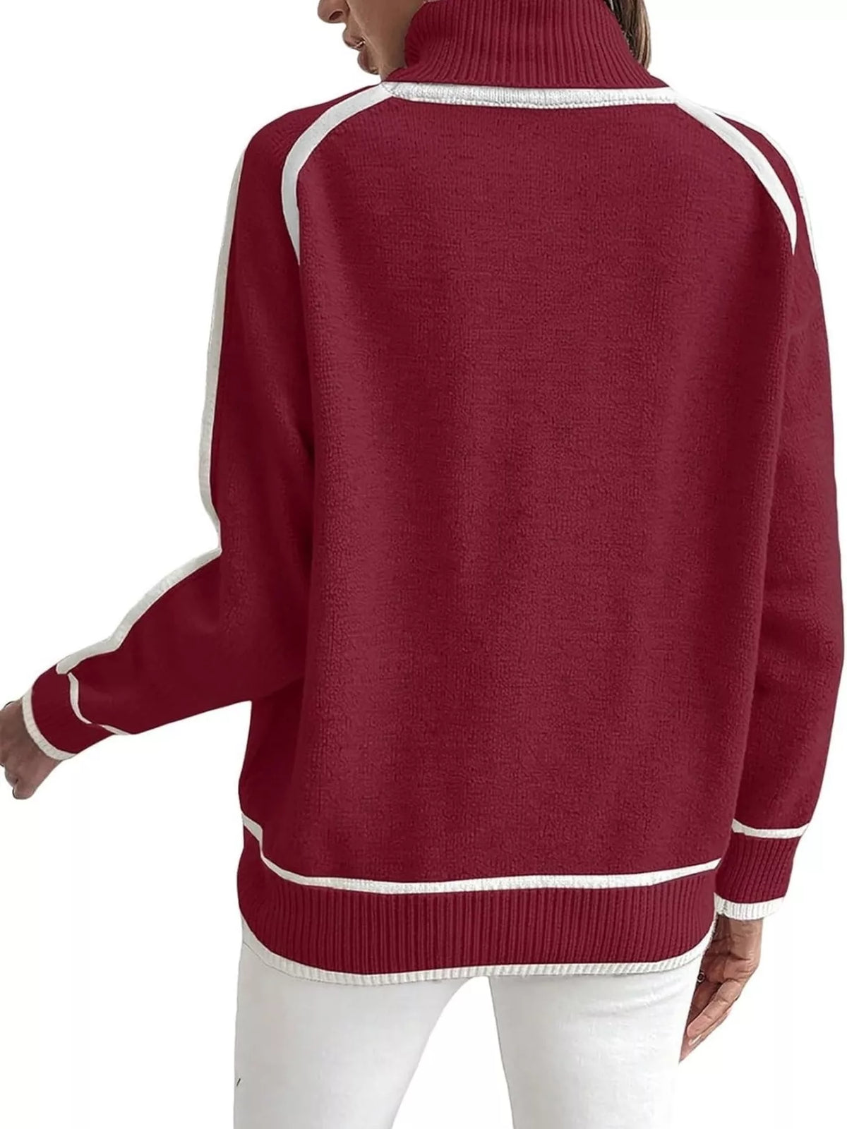 Cherry red turtleneck sweater with contrast ribbed hem, cuffs, and long sleeves