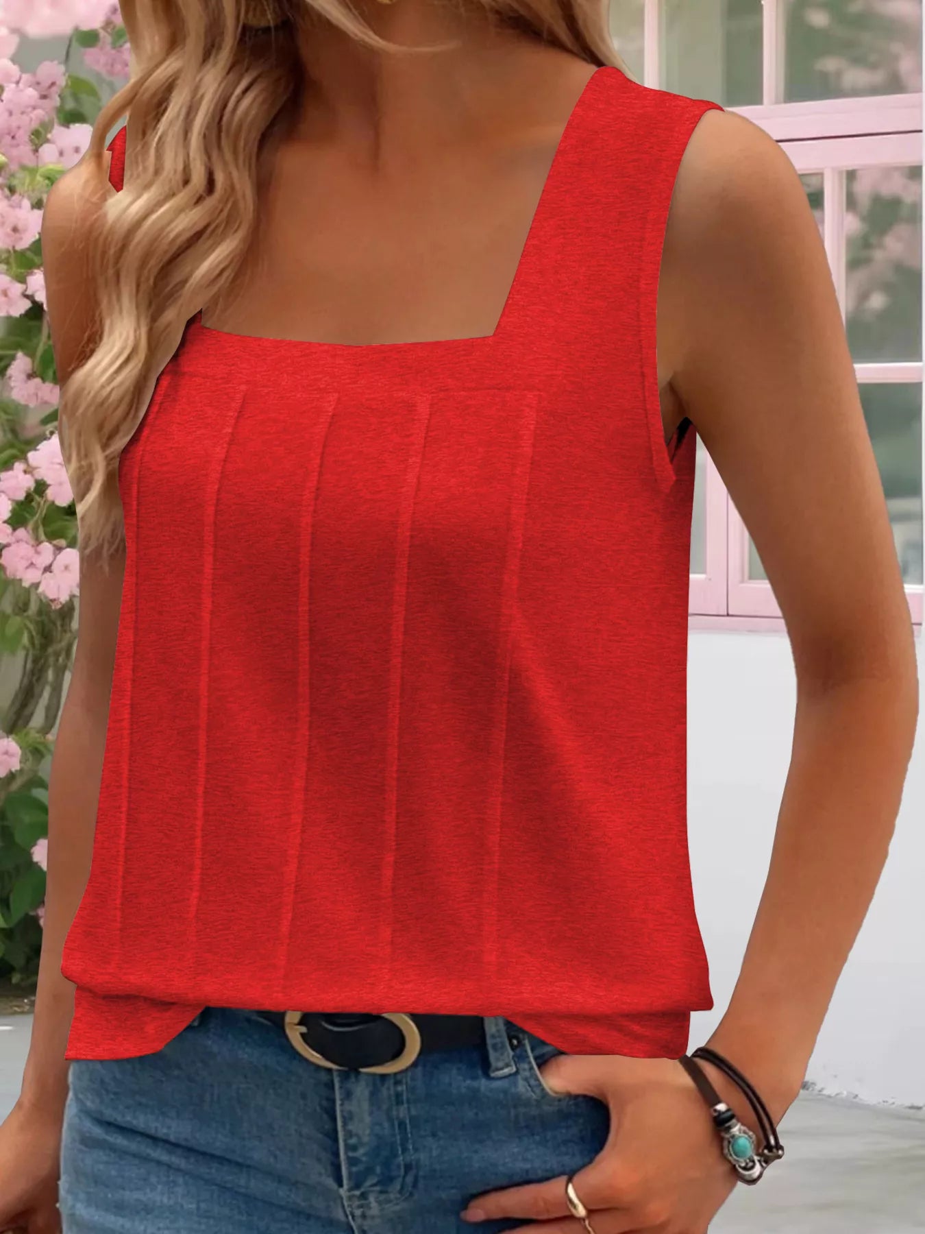 Cedar & Moore Square Neck Tank Top, red sleeveless top with square neckline and front pleats