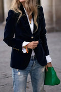 One-button lapel blazer in dark navy with long sleeves and single front button.