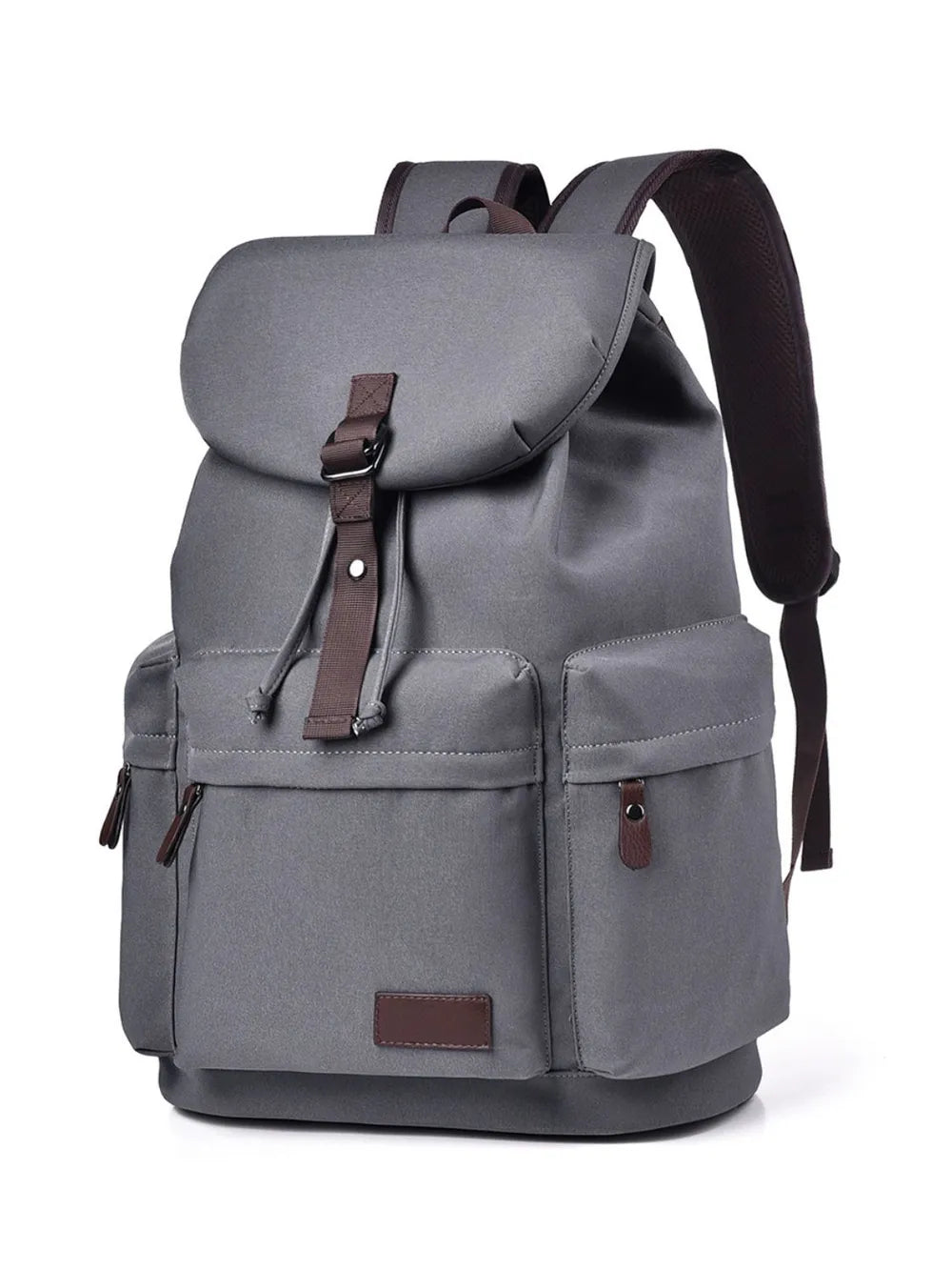 Gray canvas backpack with front flap and adjustable shoulder straps, side zip pockets