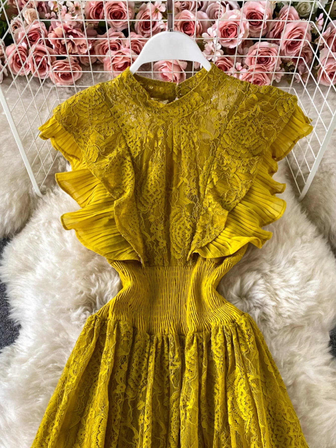 Cedar & Moore Ruffled Mock Neck Lace Maxi Dress in yellow lace fabric