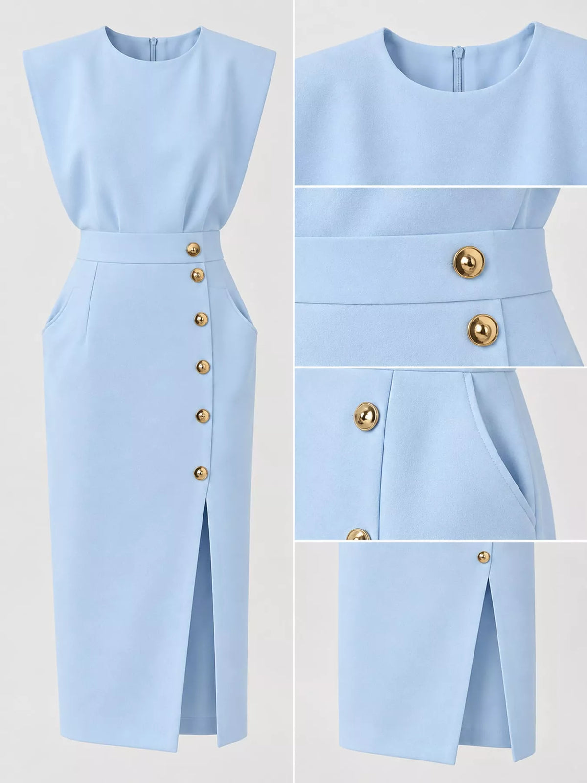 Light blue sleeveless midi dress detail: gold buttons, waist seam, side slit