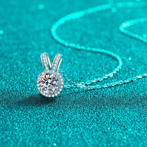 Silver rabbit-ear pendant necklace with round moissanite center and pavé ear inlay