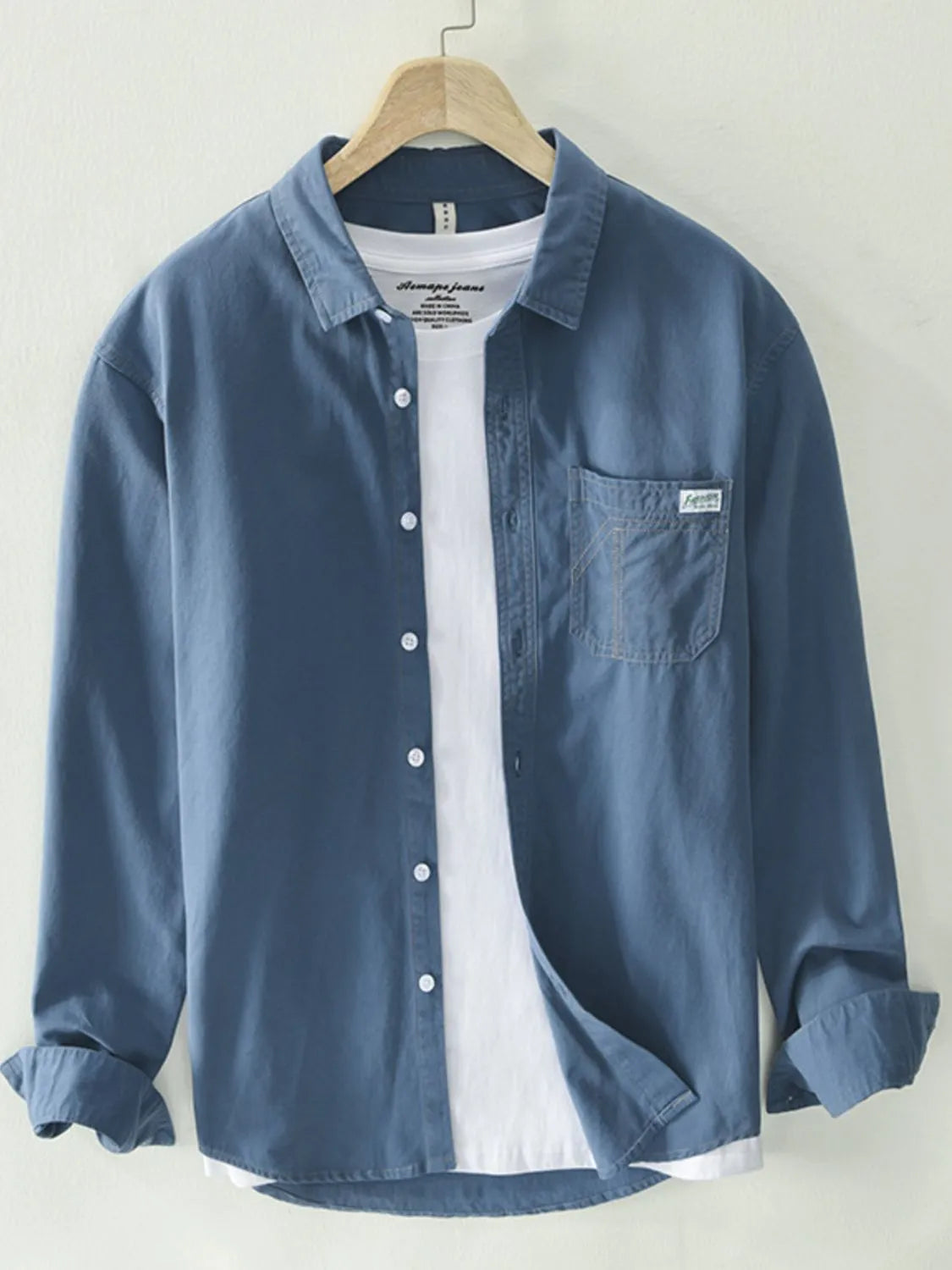 Men's plus size button-up long-sleeve shirt, blue with front buttons and chest pocket