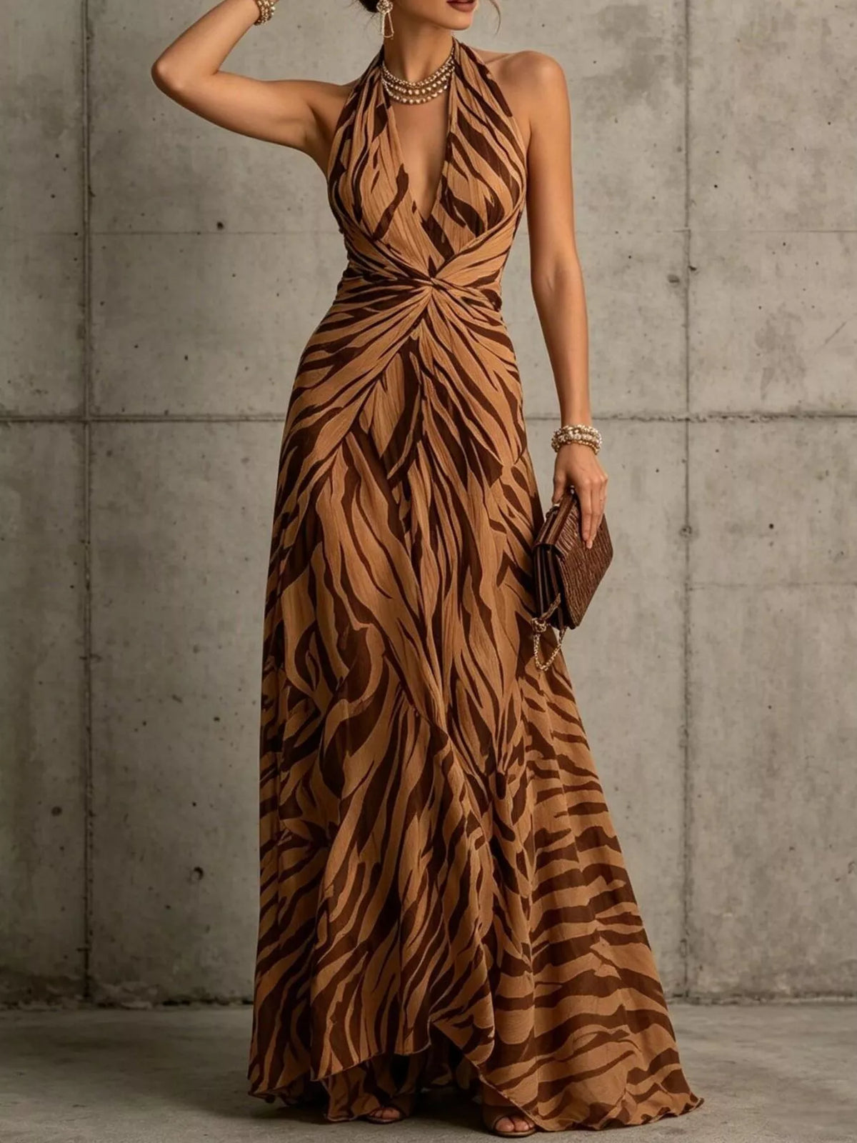 Halter neck ruched twisted maxi dress in camel brown with swirl pattern