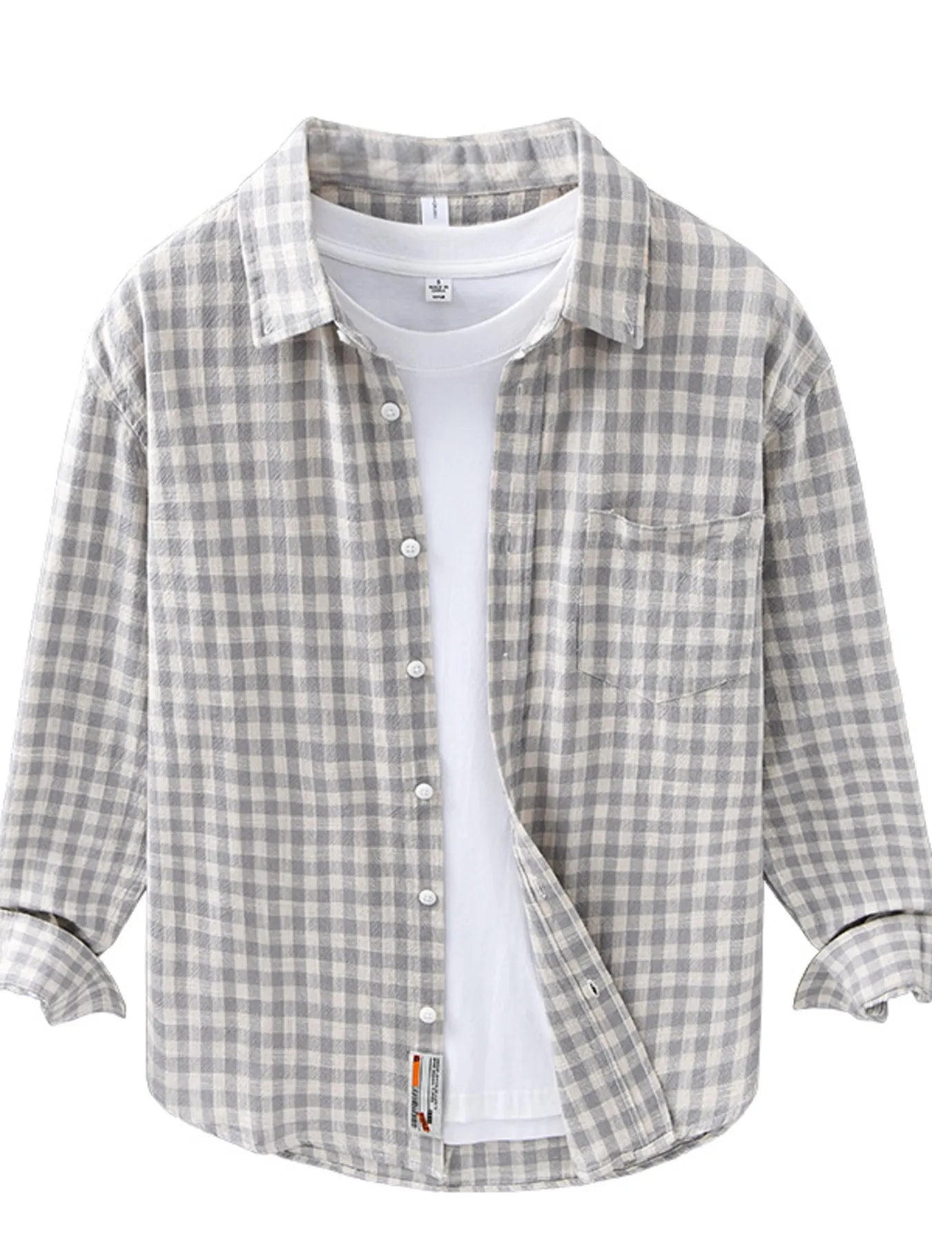 Men's plus size plaid button-up shirt, gray check, front view with white undershirt