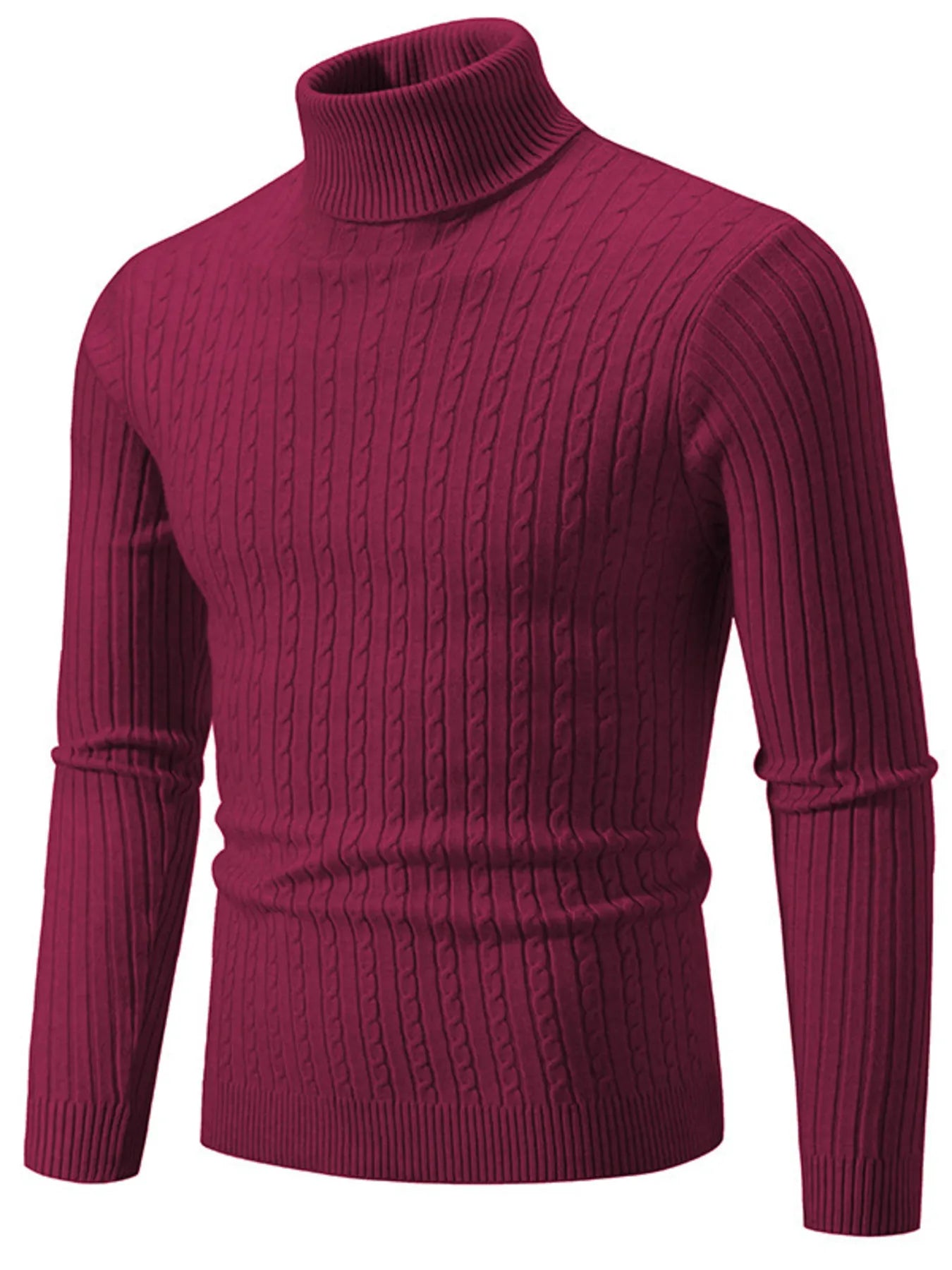 Men's plus size ribbed turtleneck sweater in burgundy, long sleeves, ribbed knit texture.