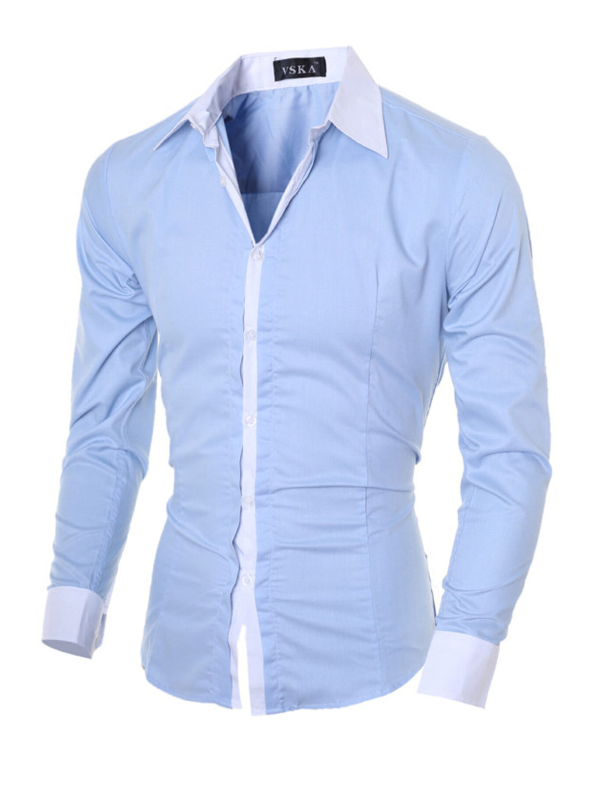 Men's slim fit long-sleeve shirt in light blue, button-front with pointed collar