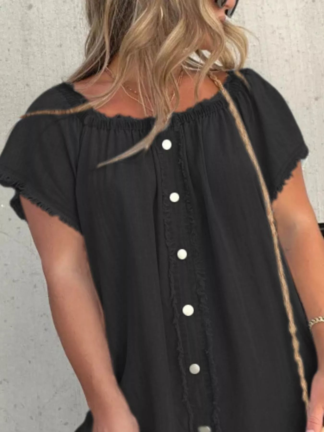 Cedar & Moore Full-Size Off-Shoulder Button-Down Dress in black with white buttons
