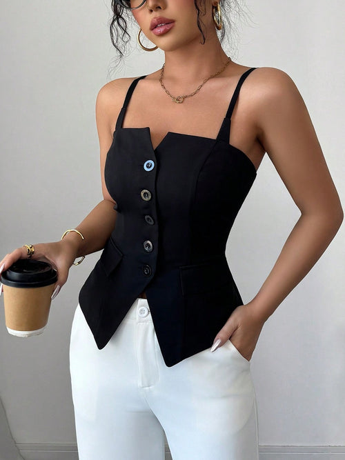 Black button-front fitted cami with asymmetric peplum-style overlay and square neckline