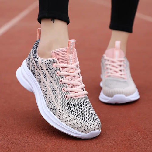 Breathable mesh lace-up athletic sneakers in pale blush and dark speckle, white soles