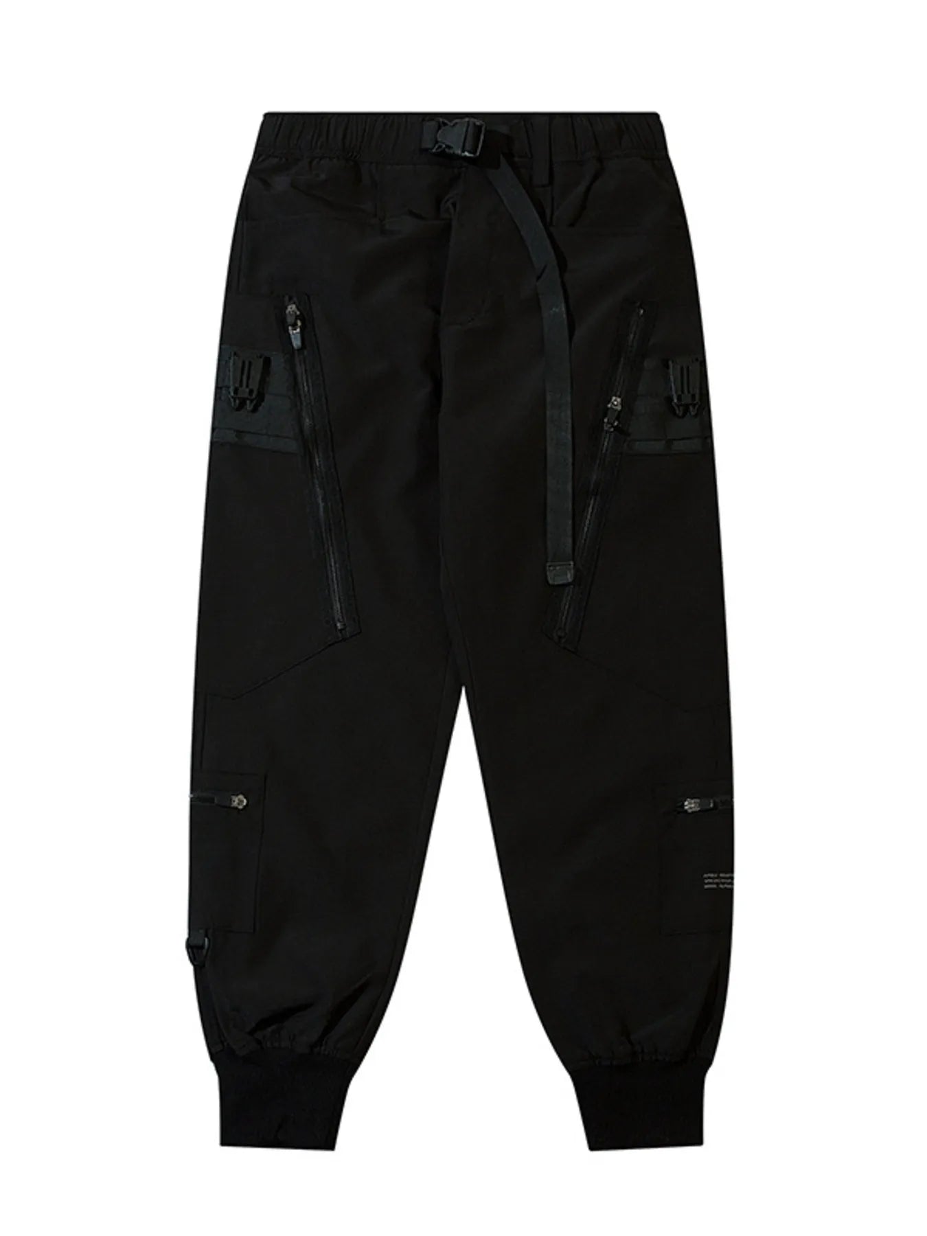 Black cargo joggers with elastic cuffs and front zippered pocket details