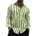 Green and white striped long-sleeve button-down shirt, front buttons and chest pocket