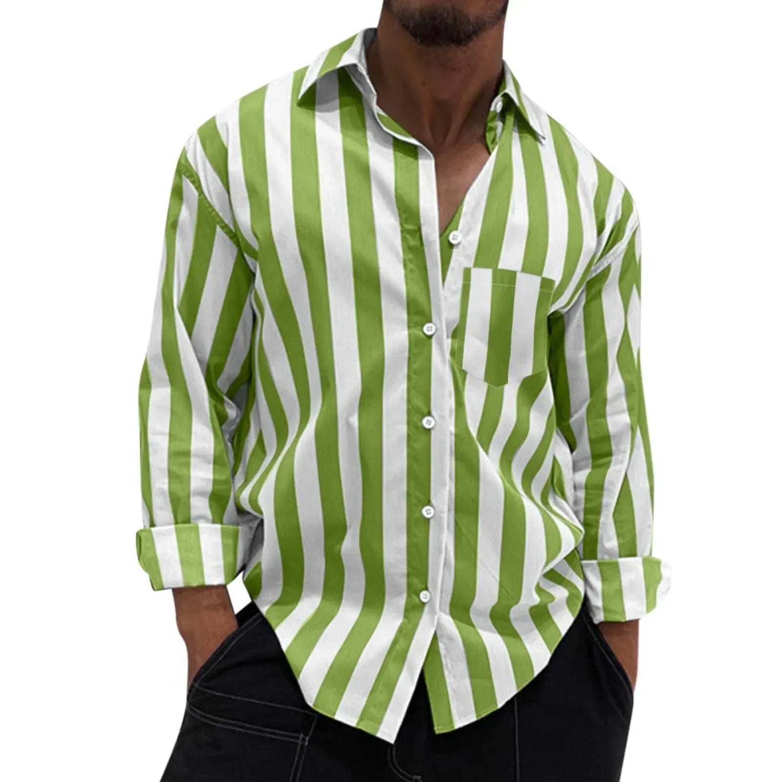 Green and white striped long-sleeve button-down shirt, front buttons and chest pocket