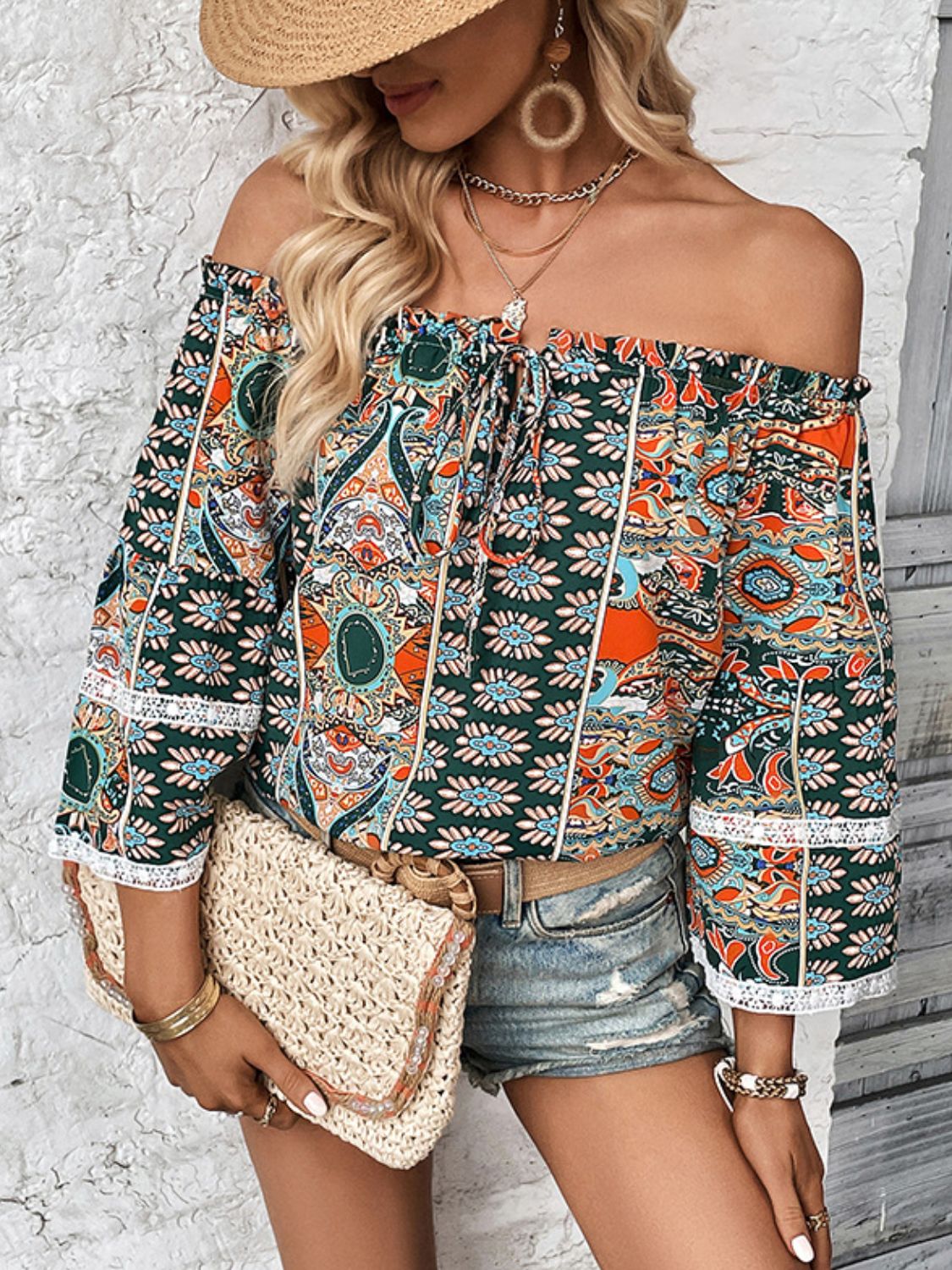 Multicolor printed off-shoulder blouse with frill trim, 3/4 sleeves, gathered neckline