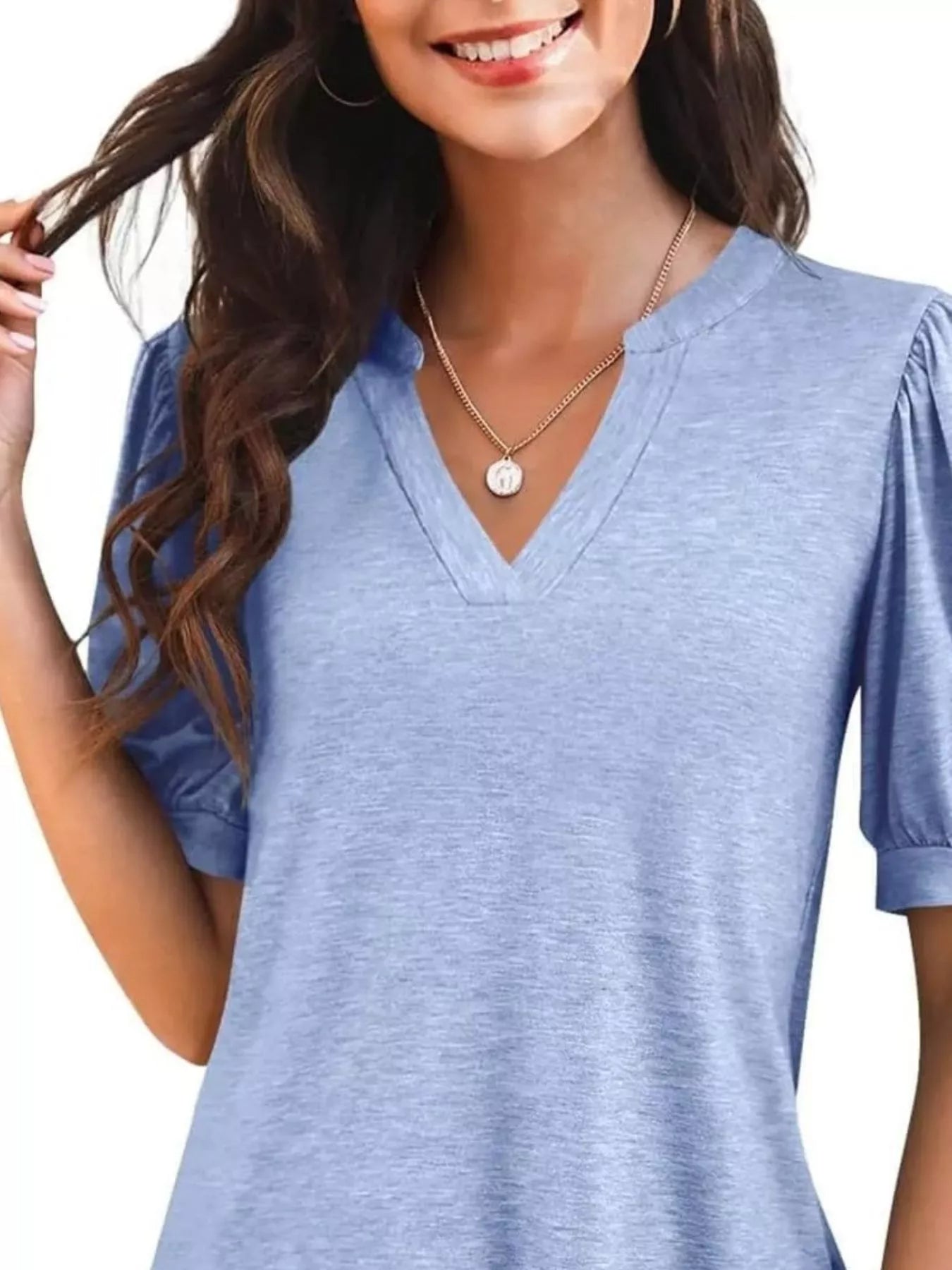Cedar & Moore Puff Sleeve Notched Casual T-Shirt in light blue