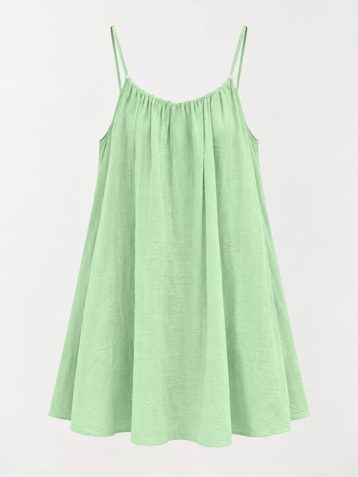 Mint green spaghetti-strap ruched mini dress with gathered swing skirt